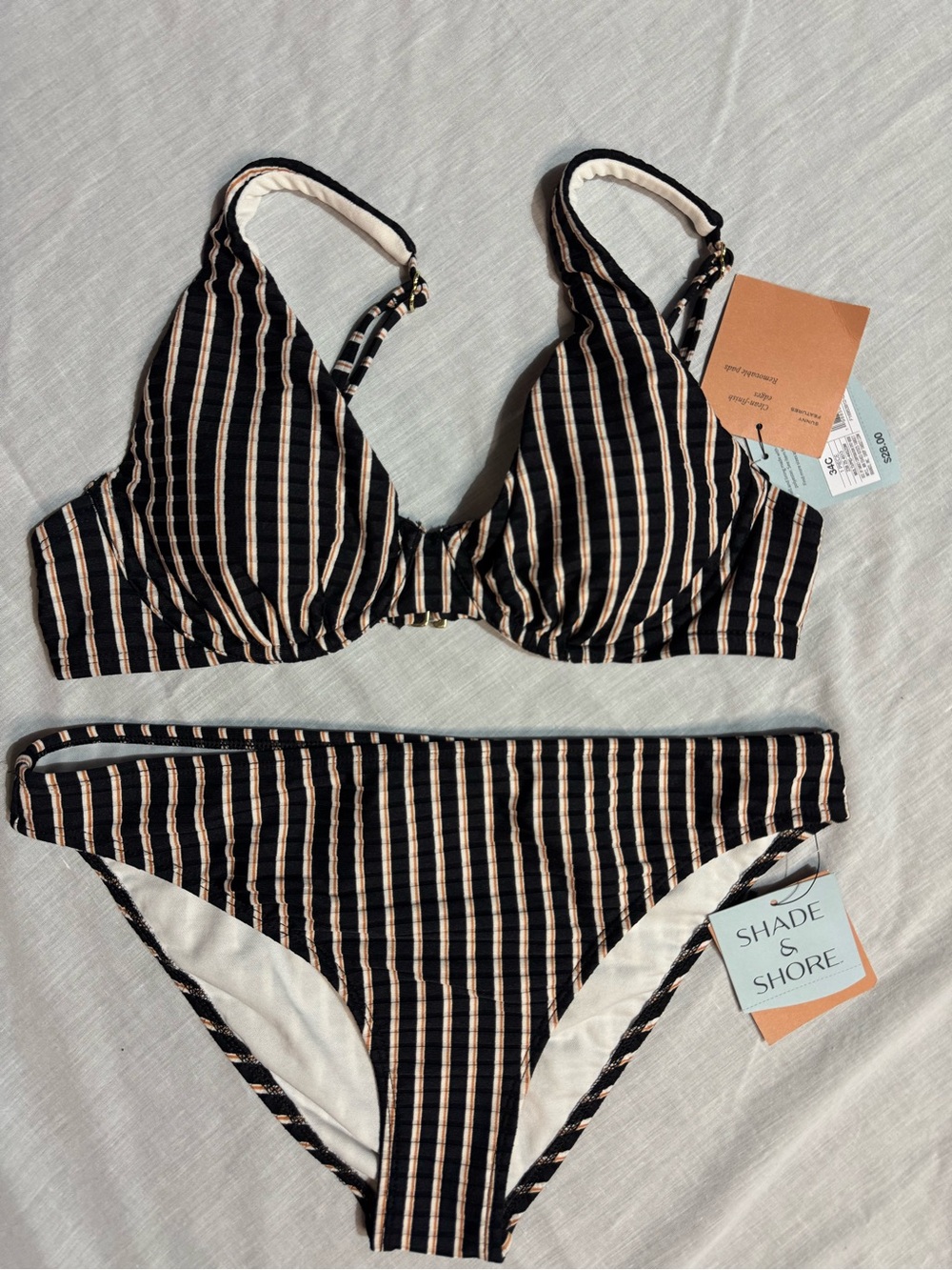 Shade & Shore Black/Tan/White Vertical Stripe Bikini Set